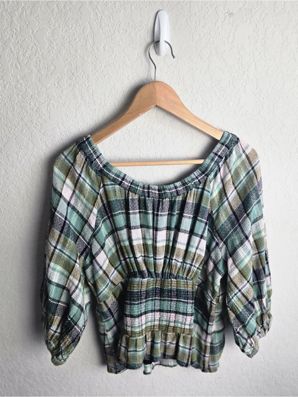 Free People Teagan Top L Teal Plaid Cotton Puff Sleeve Off Shoulder Peplum Boho